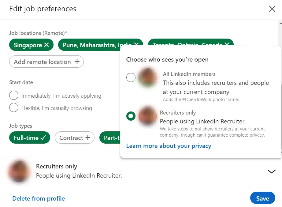 LinkedIn - let recruiters know you're open to jobs